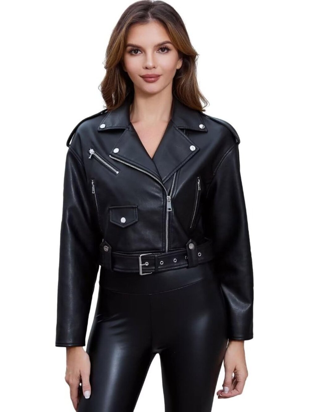 Women Dark Faux Leather Cropped Zipper Belted Asymmetric Slim Moto Biker Jacket